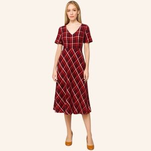 J Jill Burgundy Red Plaid V-Neck Midi Dress Retro 90s Style Size Medium